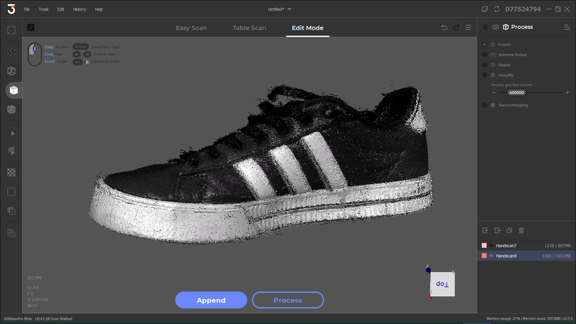 Scan of a sneaker in texture SLAM mode.
